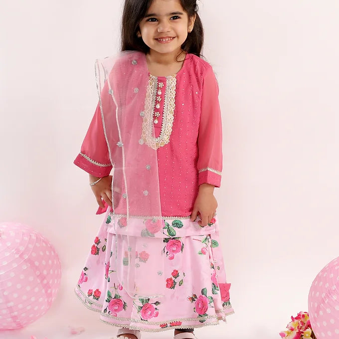 Girls Embroidery Kurta with Floral Pearl Button and Lehenga in Pink - Little Bansi