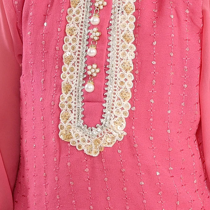 Girls Embroidery Kurta with Floral Pearl Button and Lehenga in Pink - Little Bansi