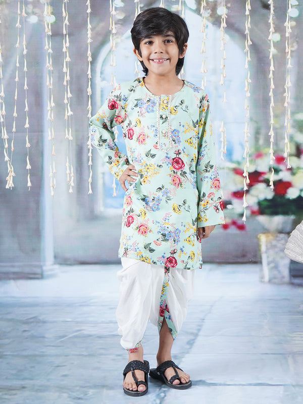 Boys Cotton Full Sleeves Kurta Dhoti with Rose Floral Print and Pearl Buttons - Green - Little Bansi