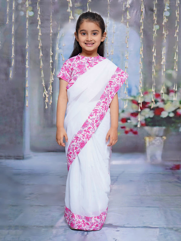 Little Bansi Girls Cotton Short Sleeves Ready to wear Blouse with Katha Floral Print and Ready to wear Georgette Saree - White