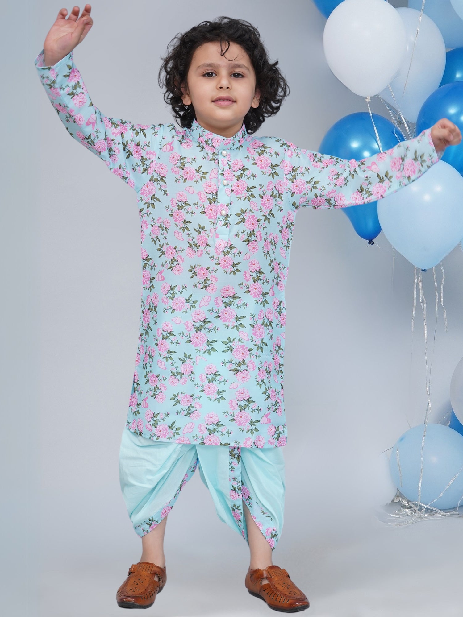 Nautinati Boys Cotton Block Print Kurta Dhoti Set main image 1