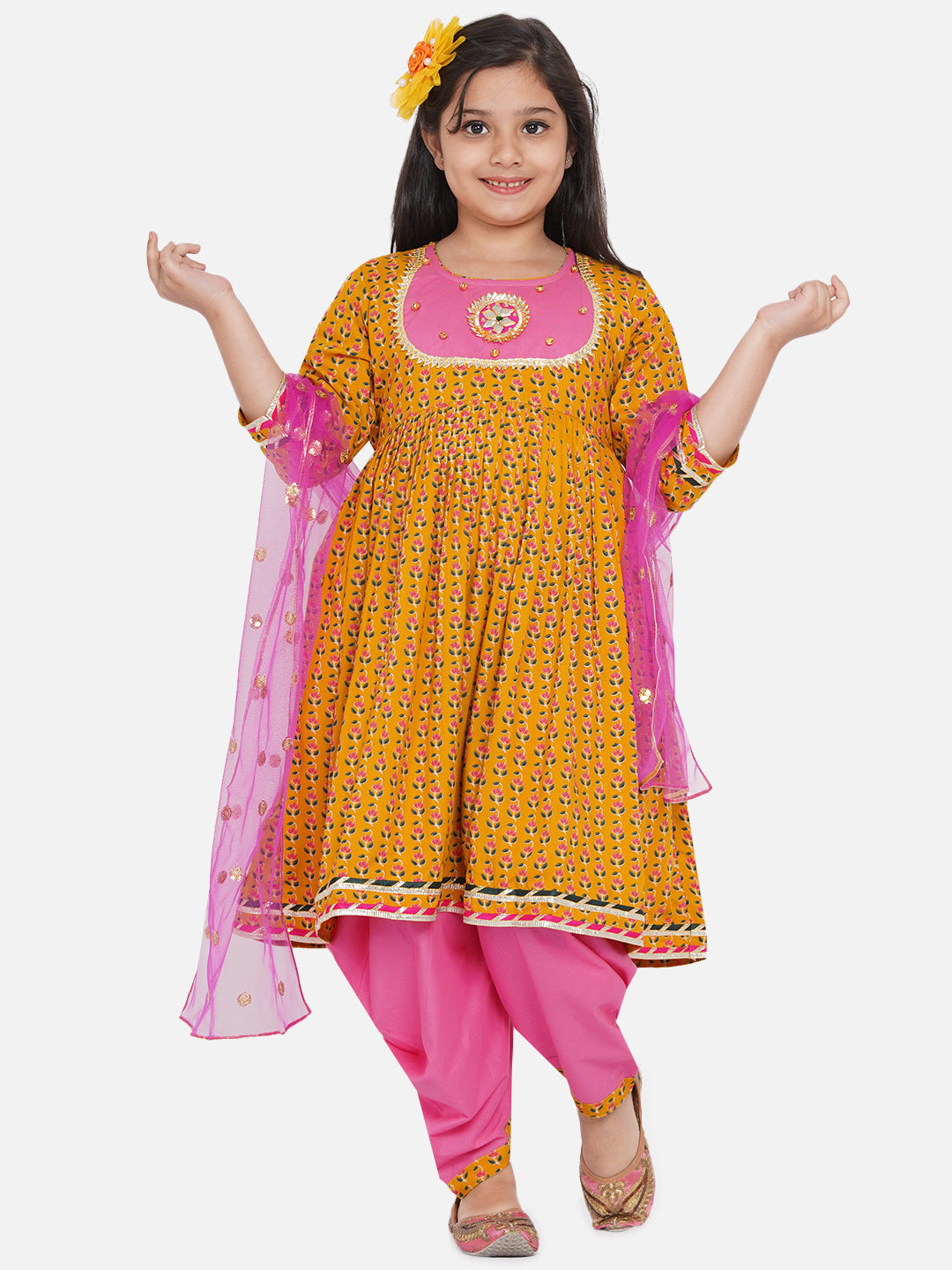 Girls 3/4Th Sleeve Short Kurta & Jodhpuri Pant Set-AW23GKUPP631009