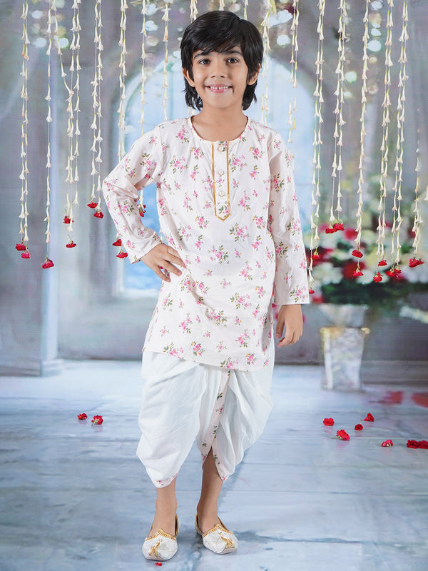 Boys Cotton Full Sleeves Kurta Dhoti with Garden Floral Print and Pearl Buttons - Beige Pink - Little Bansi