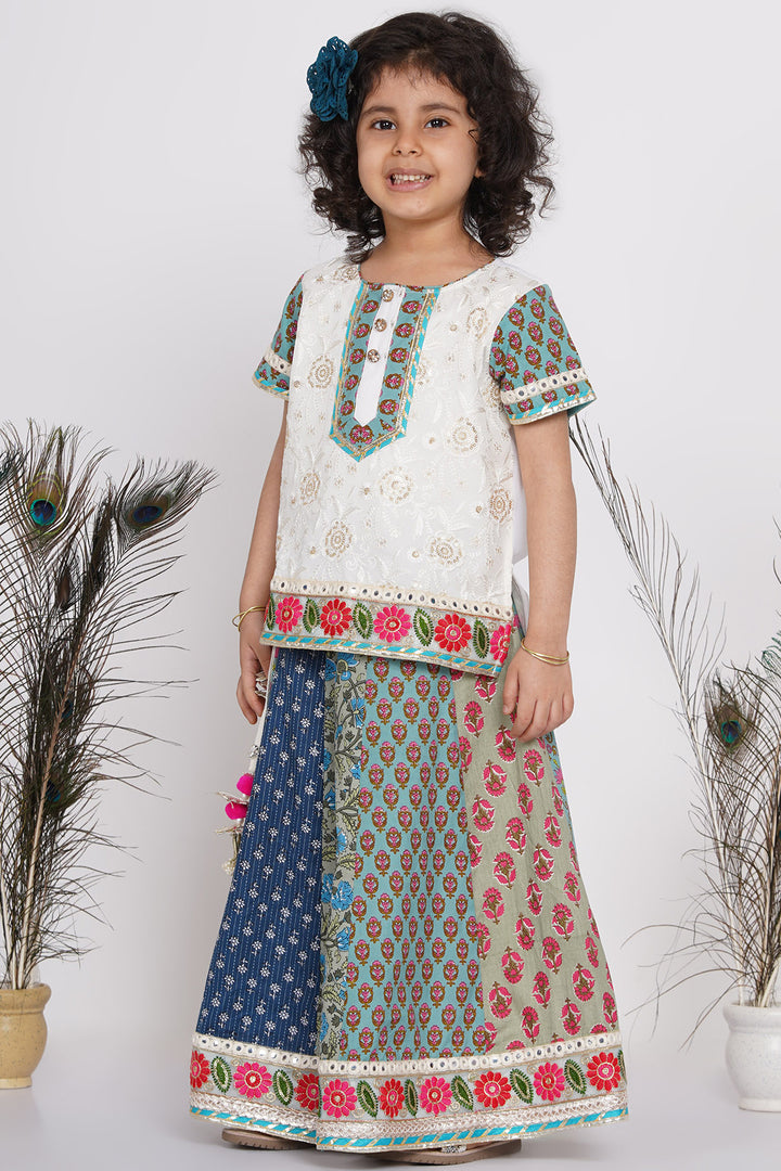 Girls Cotton Floral Embroidery Kurta with Kali Work Lehenga and Tussel work - Little Bansi