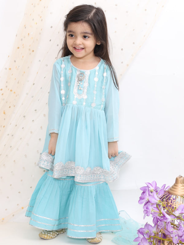 Blue Embroidery Kurta Set with Sharara - Little Bansi