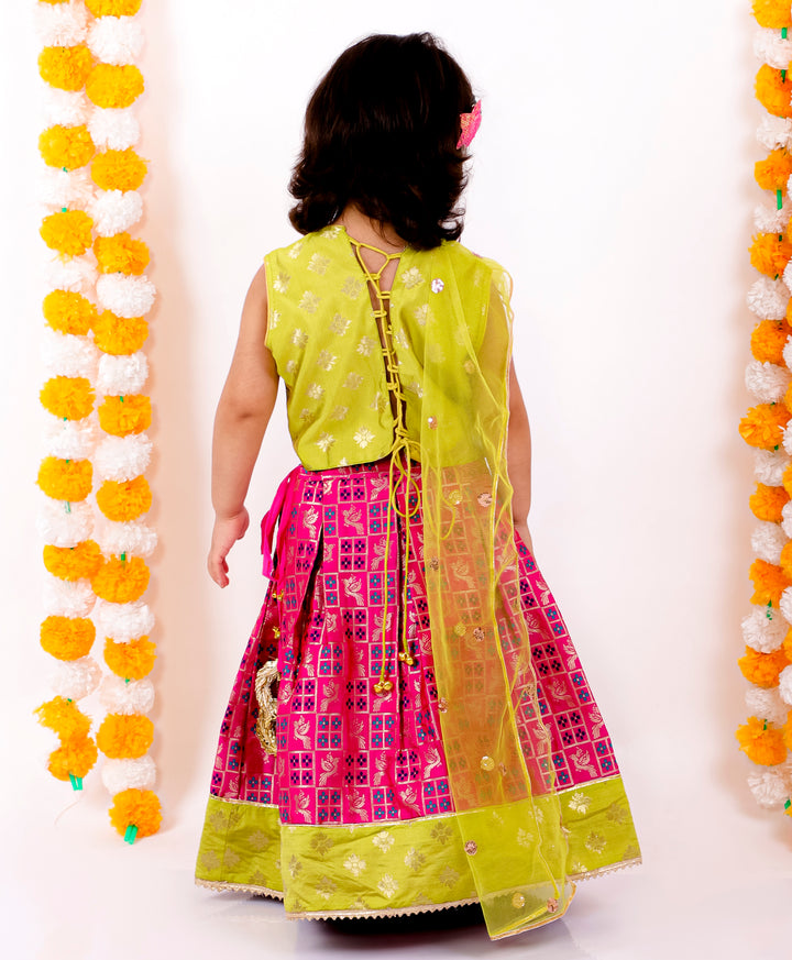 Girls Sleeveless Floral Design Choli With Lehenga & Dupatta - Green & Pink - Little Bansi
