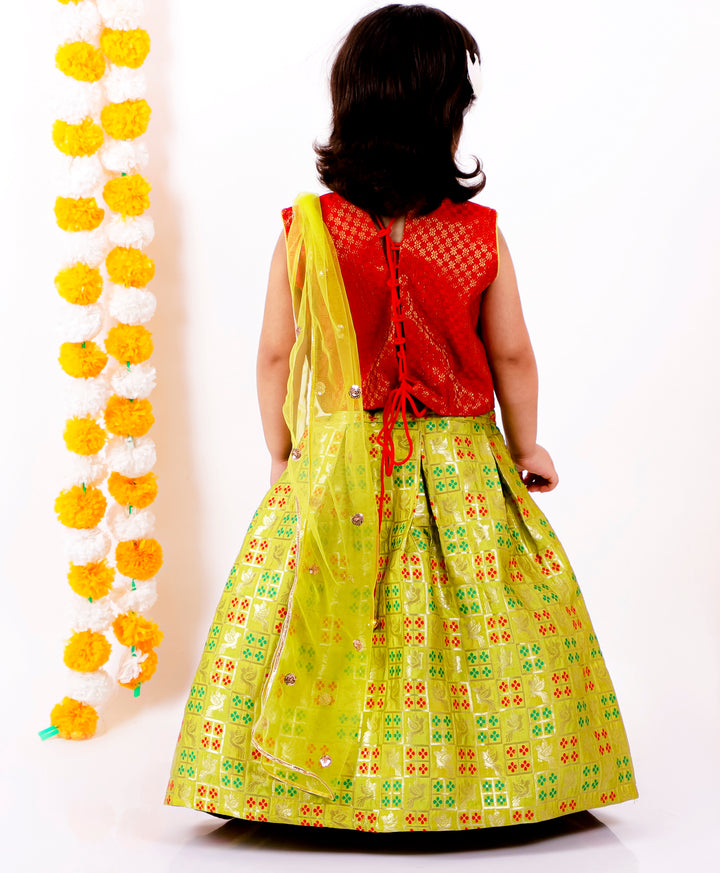 Girls Sleeveless Choli with Parrot Design Lehenga and Dupatta - Red & Green - Little Bansi