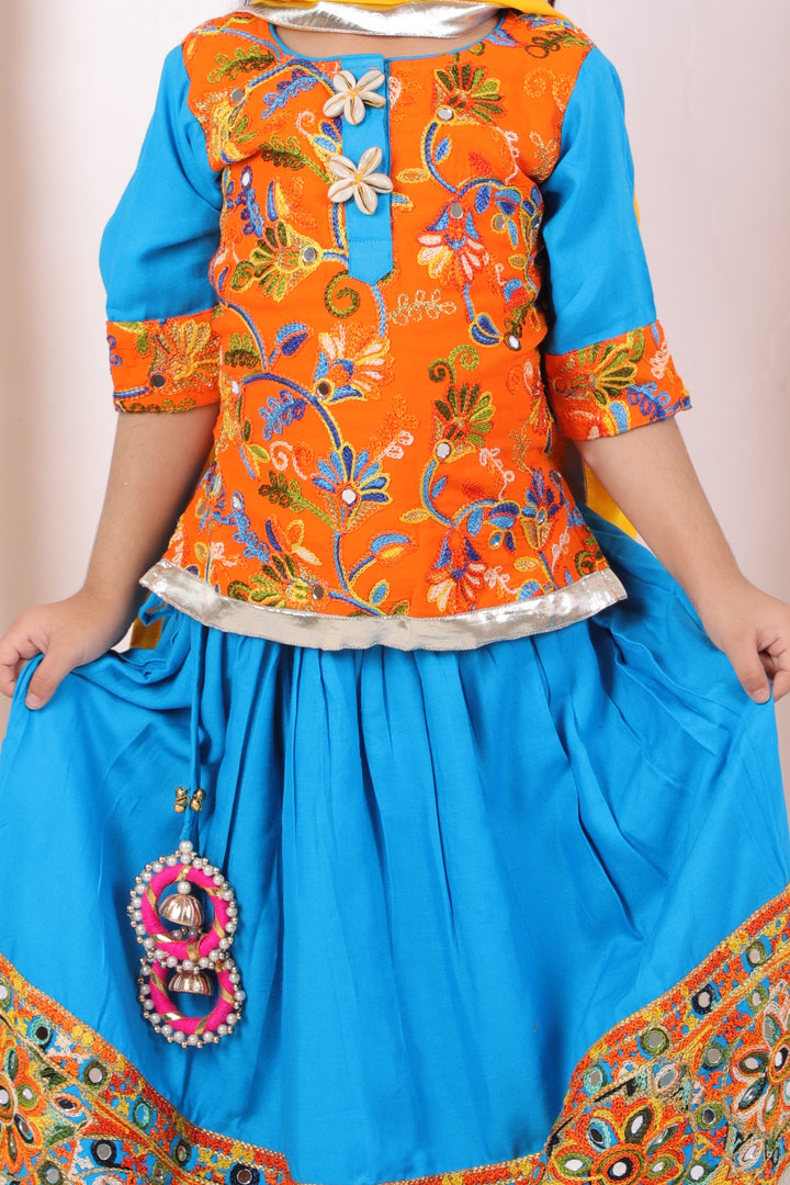 Girls Floral Embroidery Kurta with Mirror Work Lehenga & Dupatta - Orange & Blue - Little Bansi