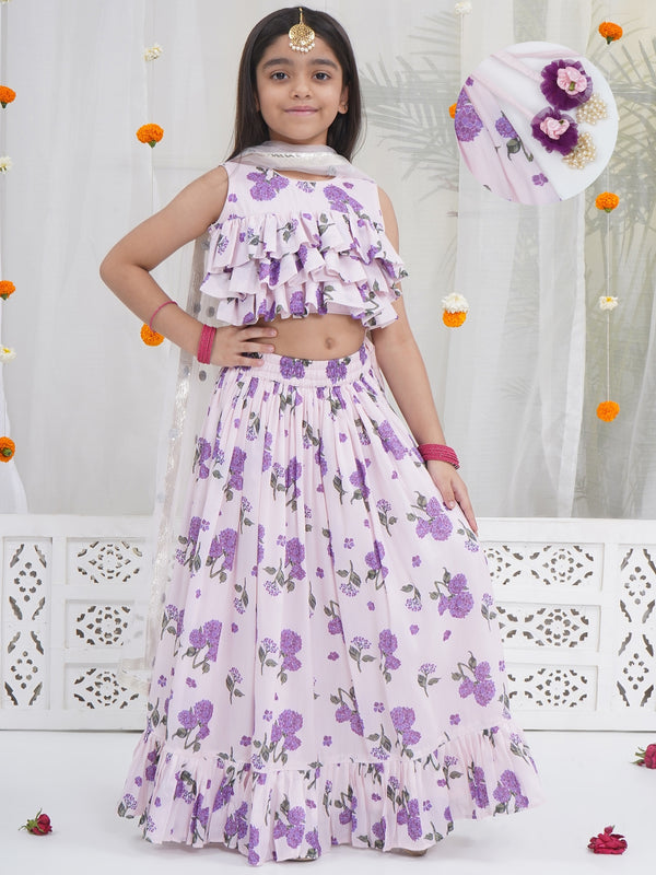 Girls Lavender Bloom Festive Crop Top Lehenga Set