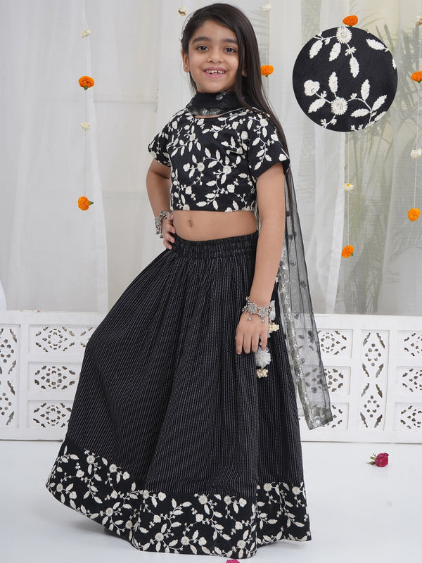 Girls Black Lehenga Blouse set with White Floral Thread work