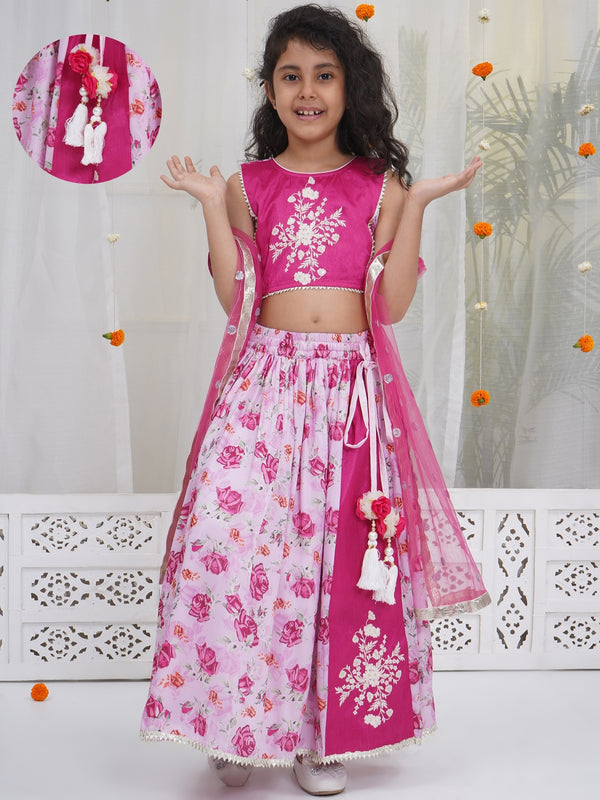 Girls Magenta Rose Bloom Embroidered Lehenga Choli Set