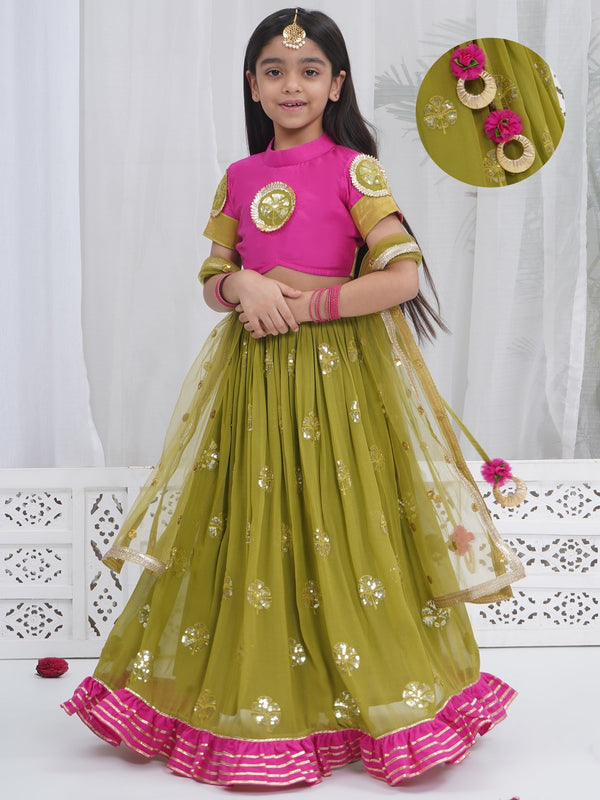 Girls Jodhpuri Rani Mehendi Green Lehenga Set