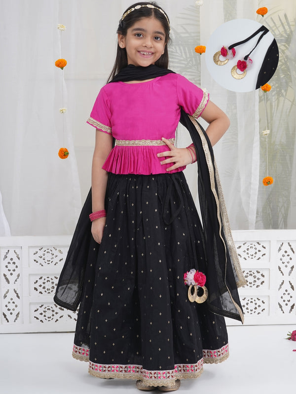 Girls Black Pink Kids Lehenga Set with Rose Tussels