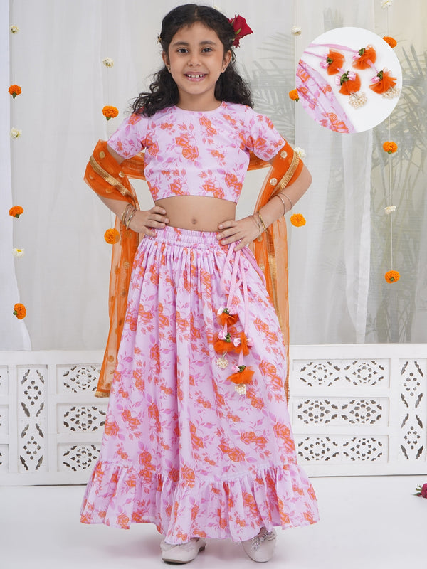 Girls Peach & Orange Rose Bloom Lehenga Choli set
