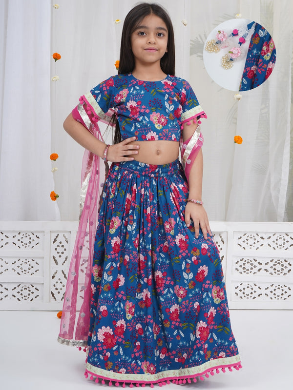 Girls Royal Blue Cotton Phoolon ki Bahar Lehenga Set
