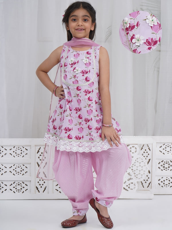 Girls Lavender Cotton Lotus Lacework Kurta Salwar Set