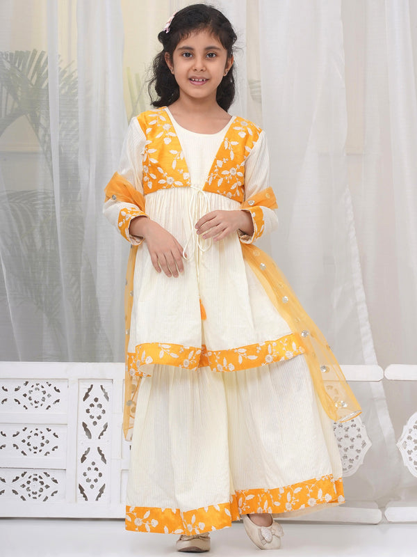 Girls Cotton Three Fourth Sleeves Frock Style Kurta with Sharara and Dupatta with Floral Thread Embroidery & Tussel Work - Cream