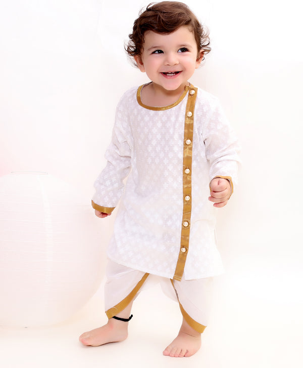 Boys White Royal Bengali Style Full Sleeves Kurta with Dhoti - Little Bansi