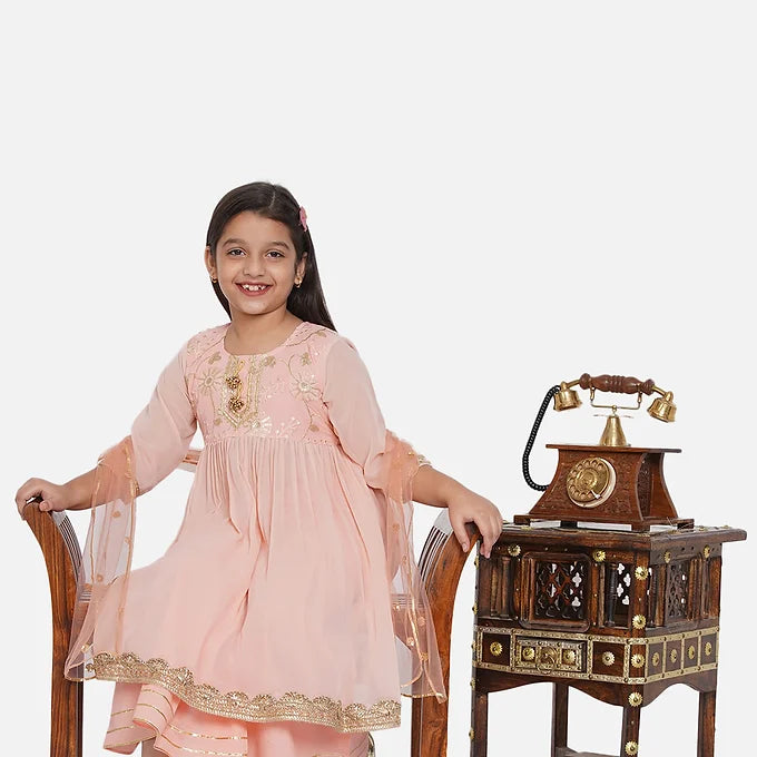 Peach Embroidery work Kurta with Sharara - Little Bansi