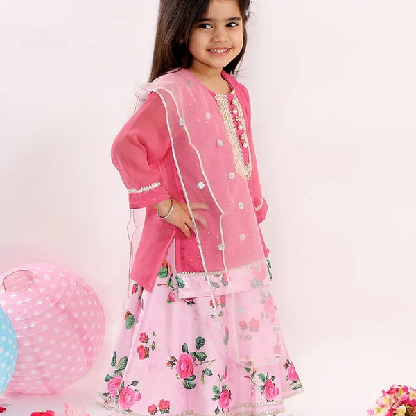 Girls Embroidery Kurta with Floral Pearl Button and Lehenga in Pink - Little Bansi