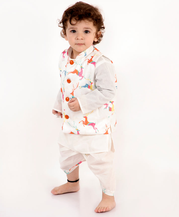 Boys Deer print White Jacket Set - Little Bansi