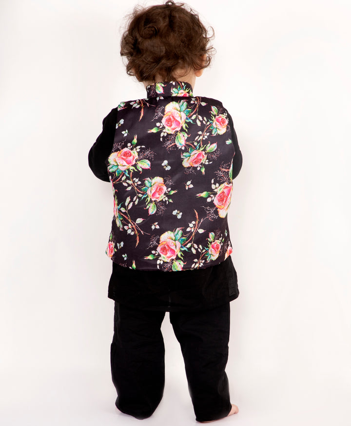 Boys Floral print Black Jacket Set - Little Bansi