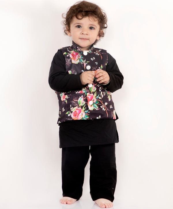 Boys Floral print Black Jacket Set - Little Bansi