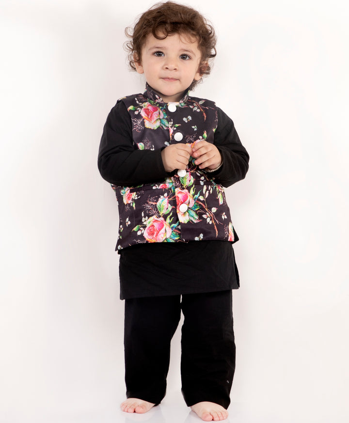 Boys Floral print Black Jacket Set - Little Bansi