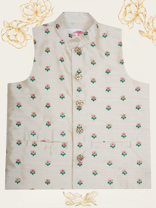 Boys Cream Mulberry Silk Floral Boota Embrodiered Nehru Jacket