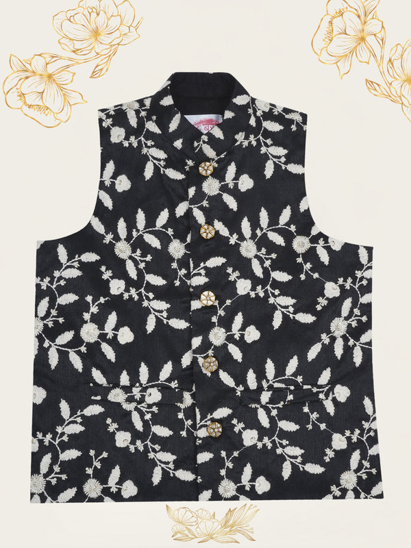 Boys Black Floral Embroidered Nehru Jacket