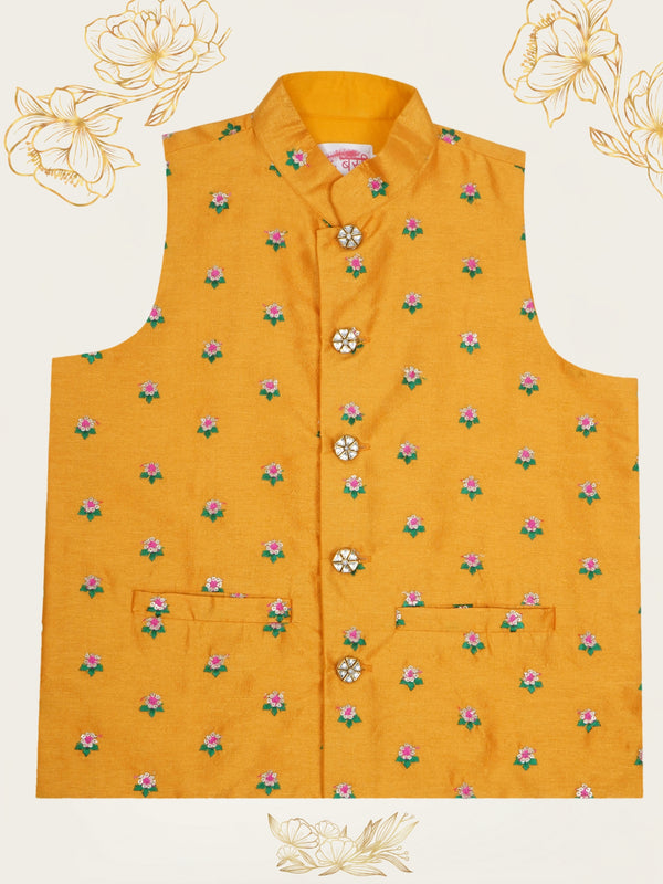 Boys Yellow Mulberry Silk Floral Boota Embrodiered Nehru Jacket
