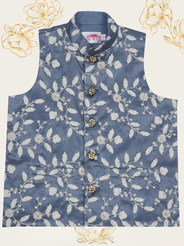 Boys Grey Floral White Thread work Nehru Jacket