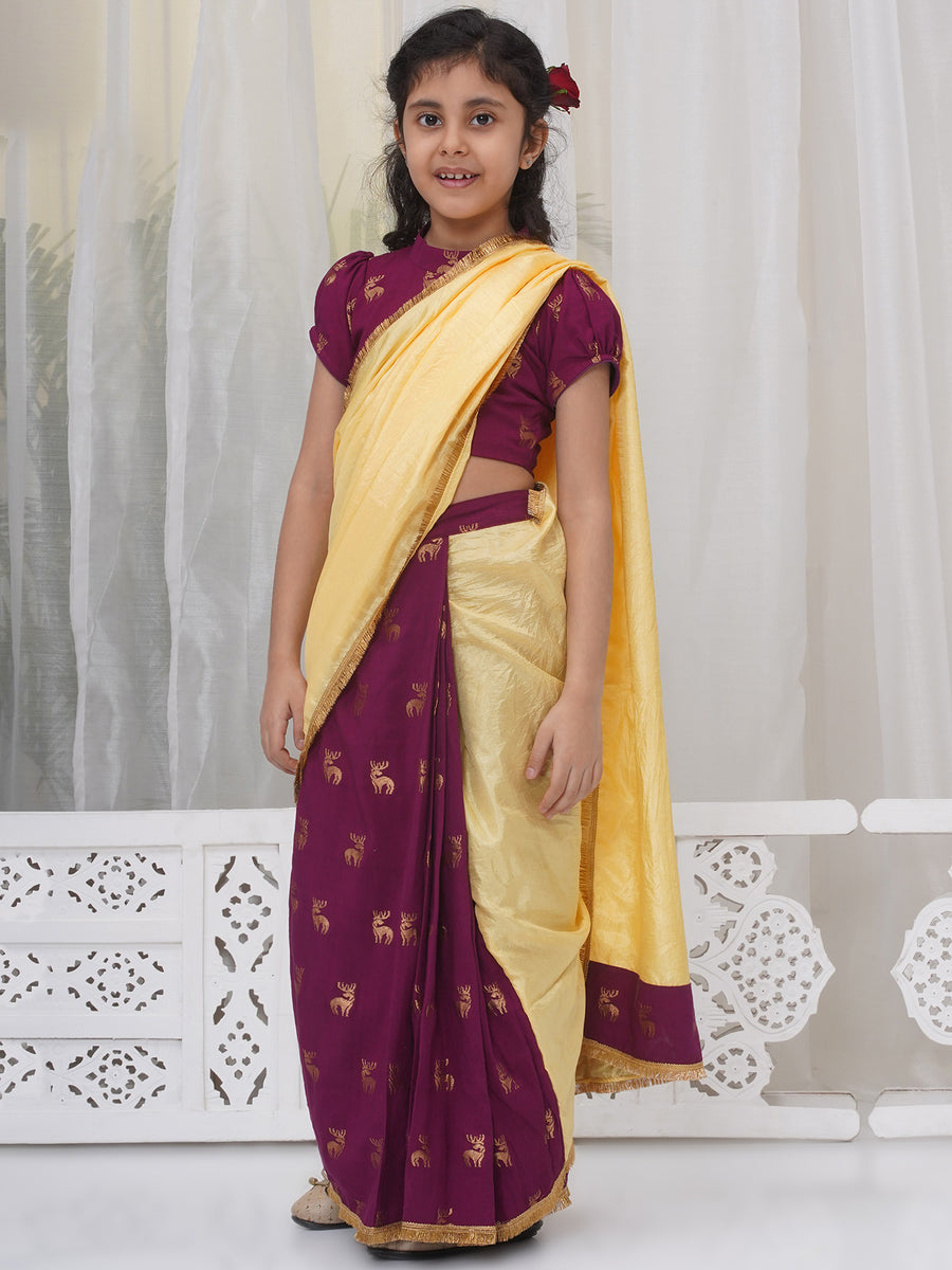 Cotton Deer Embroidery Ready to wear Blouse with Ready to wear Chanderi Saree - Sunset & Purple
