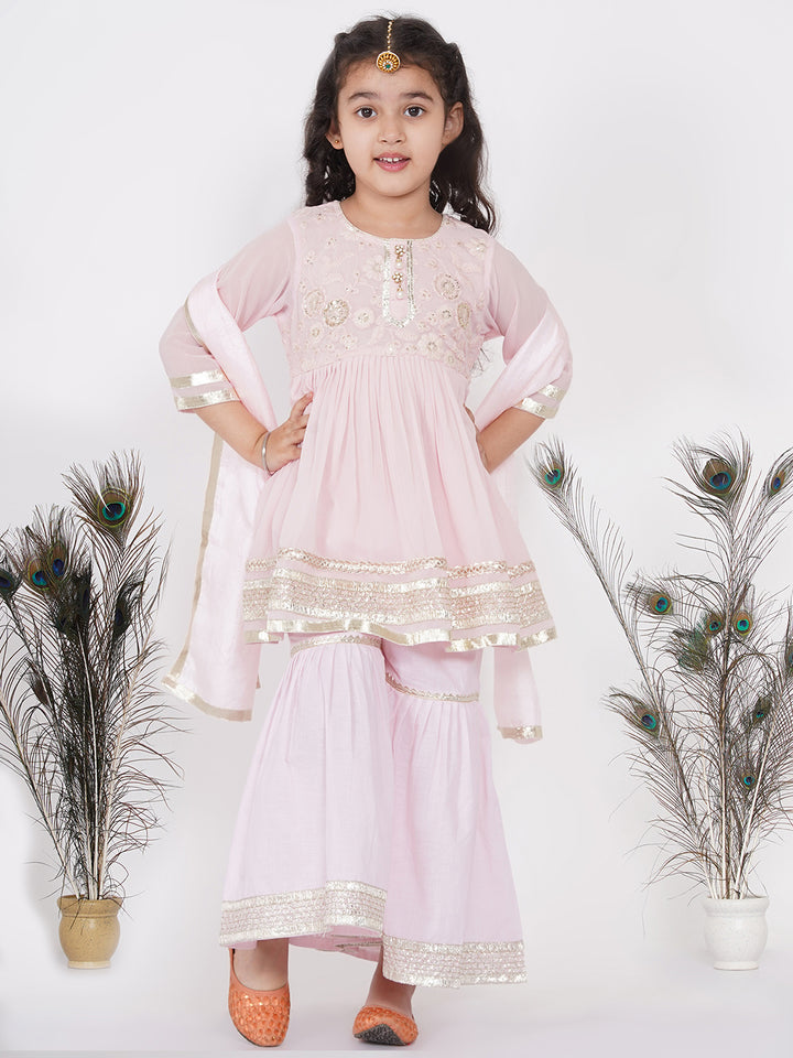 Girls Gotta Patti work Kurta frock with Sharara and Dupatta - Baby Pink - Little Bansi