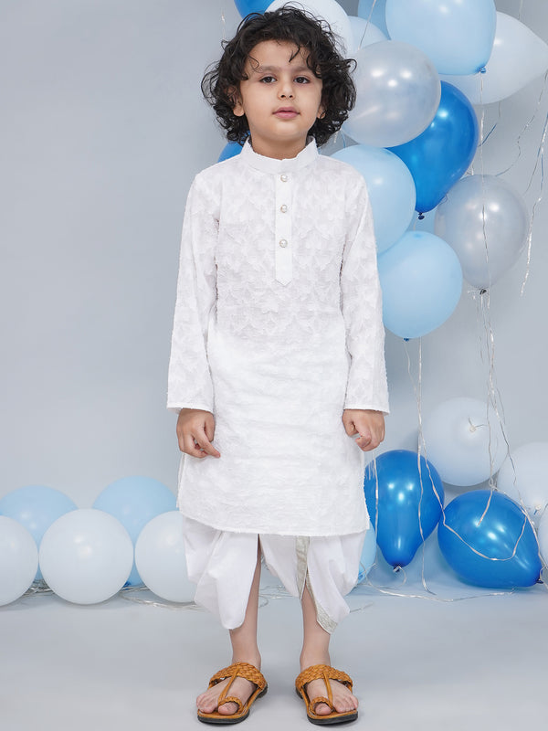 Little Bansi Boys Cotton Full Sleeves Self Weaving Kurta with Dhoti and Pearl Buttons - White