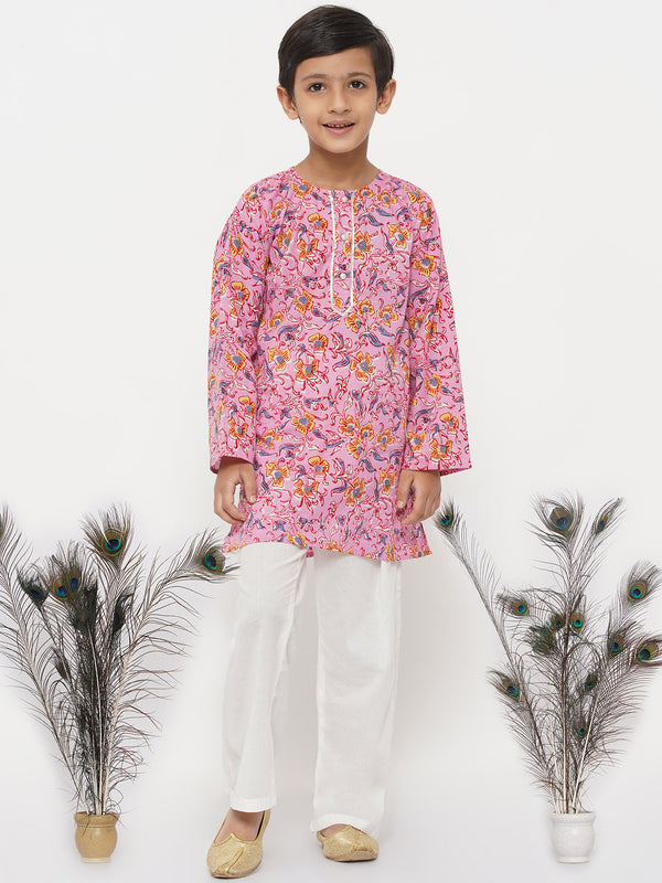Boys Floral Kurta with Pearl Buttons and Pyjama - Little Bansi
