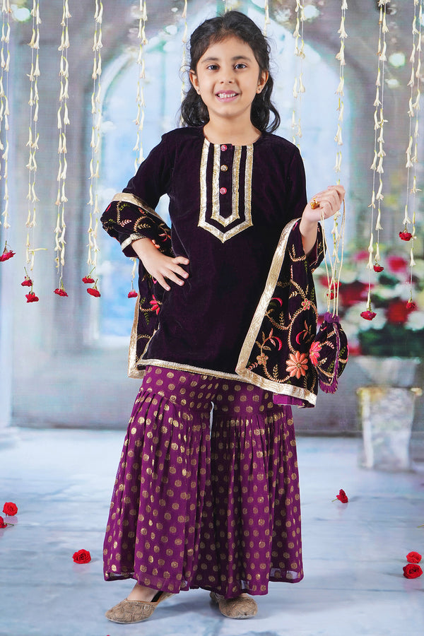 Girls Velvet Kurta with Banarsi Sharara and Embroided Dupatta with Potli