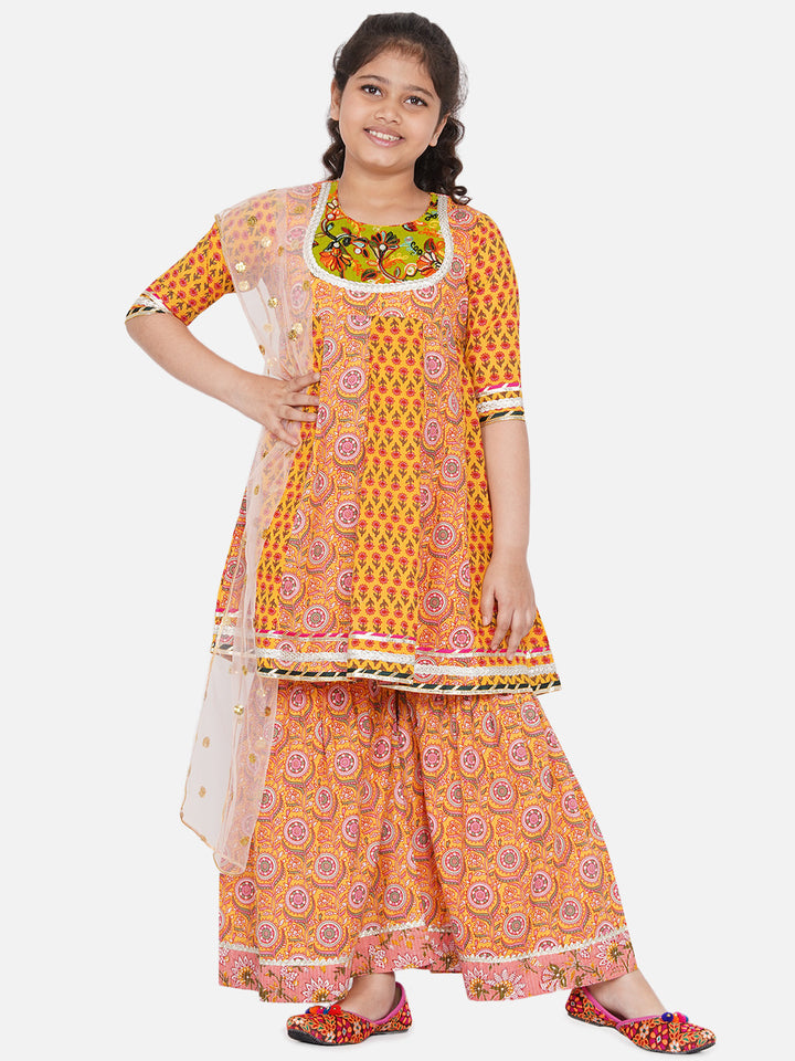 Girls Embroidery Kali work Jaipuri Kurta Frock with Sharara & Dupatta in Yellow - Little Bansi