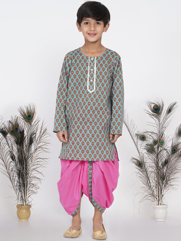 Boys Floral Kurta with Pearl Buttons and Dhoti in Blue and Pink - Little Bansi