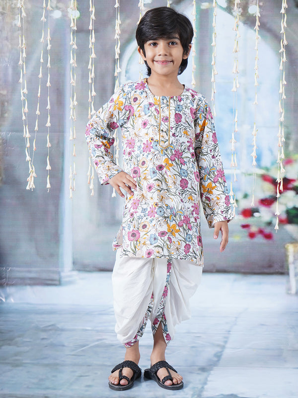 Boys Cotton Full Sleeves Kurta Dhoti with Garden Guldaudi Floral Print and Pearl Buttons - Off White - Little Bansi