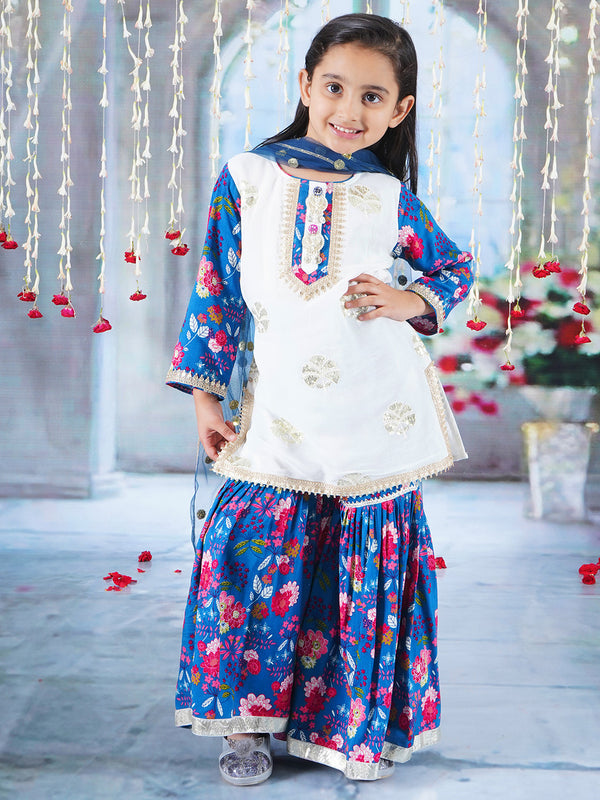 Girls Cotton Full Sleeves Kurta Sharara and Dupatta with Floral Print, Floral Embroidery, Lace & Rajasthani Lac Work - White & Blue - Little Bansi