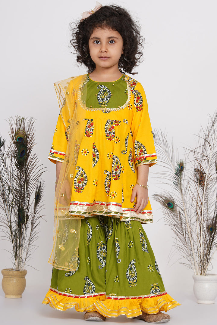 Girls Cotton Floral Jaipuri Kurta with Gunghroo work, Frill Sharara, and Dupatta - Little Bansi