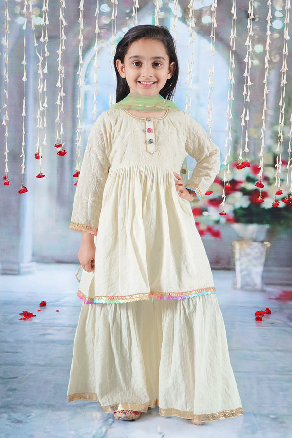 Little Bansi Girls Cotton Three Fourth Sleeves Kurta Sharara and Dupatta with Floral Embroidery, Kantha and Lace work with Rajasthani Lac Buttons - Seashell Cream