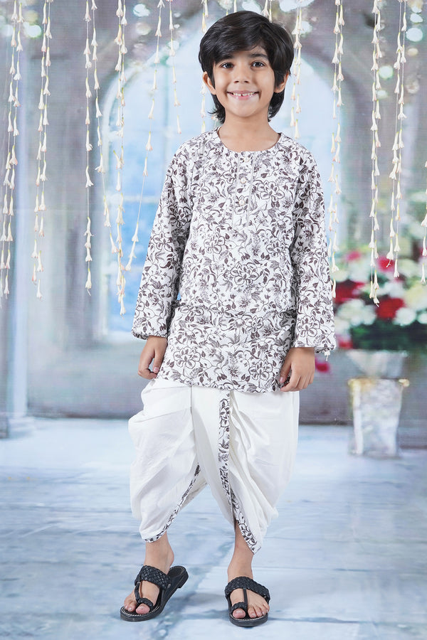Little Bansi Boys Cotton Full Sleeves Kurta Dhoti with Brown Floral Print and Pearl Buttons - White
