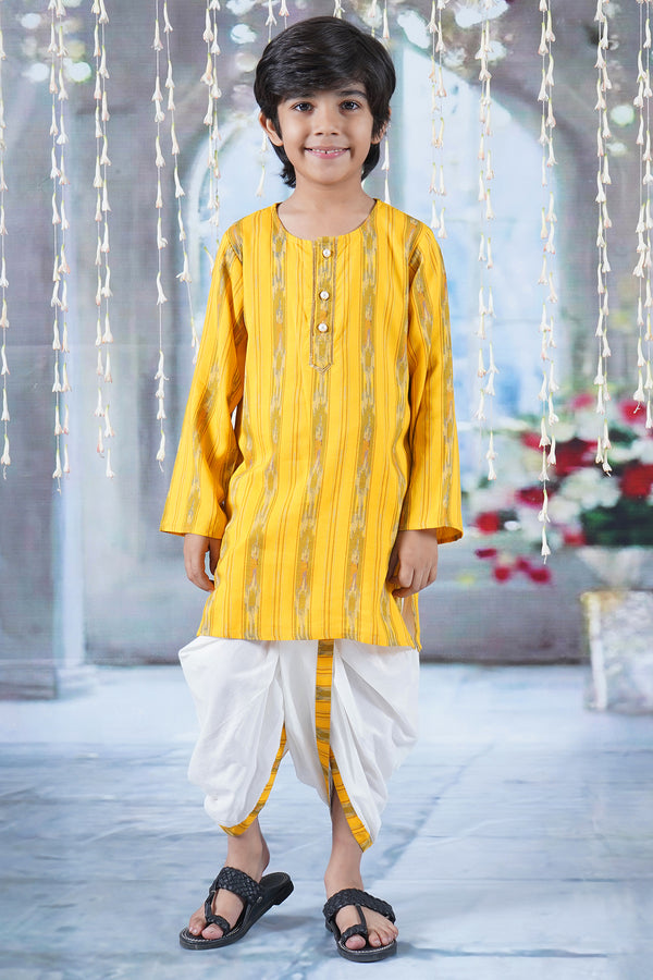 Little Bansi Boys Cotton Full Sleeves Ikat Kurta with Dhoti and Pearl Buttons - Yellow