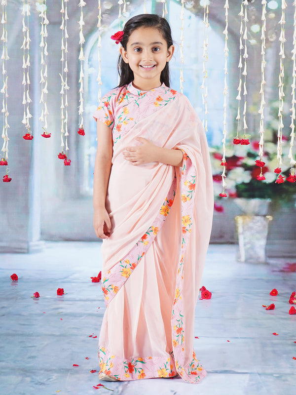 Girls Cotton Short Sleeves Ready to wear Blouse with Floral Print and Ready to wear Georgette Saree - Peach - Little Bansi