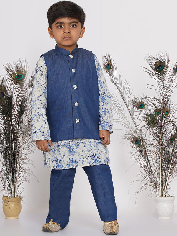 Boys Denim Nehru Jacket with Marble Kurta and Denim Pants - Denim Blue - Little Bansi