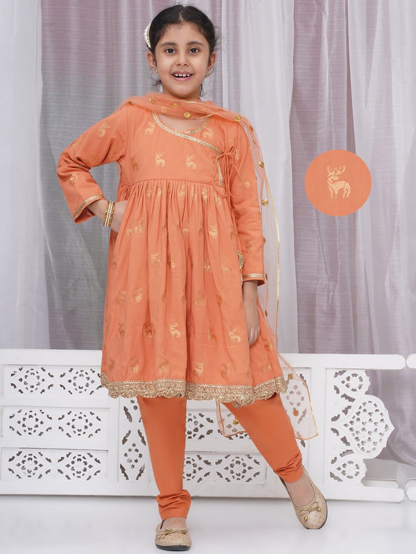Girls Cotton Three Fourth Sleeves Angrakha Kurta with Pyjami and Net Dupatta with Deer Design Zari Work - Chuski Orange