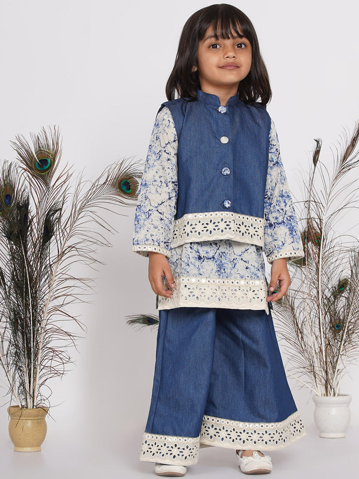 Girls Denim Jacket and Kurta with Patchwork Plazzo - Denim Blue - Little Bansi