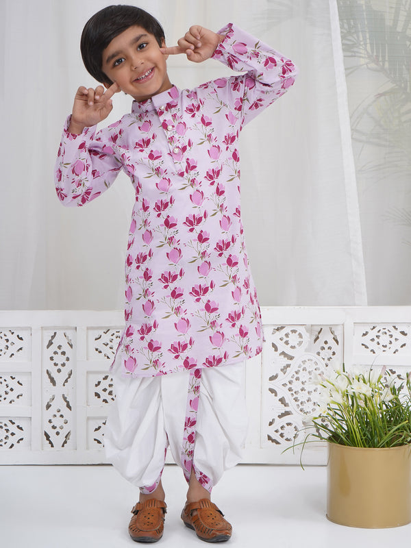 Boys Lavender Cotton Lotus Kurta Dhoti Set